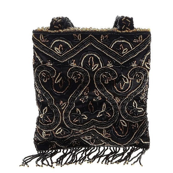 Carlo Felini Handbags - FELLINI Carlo Felini Black Gold Beaded Evening Bag w/ Fringe Crossbody Strap